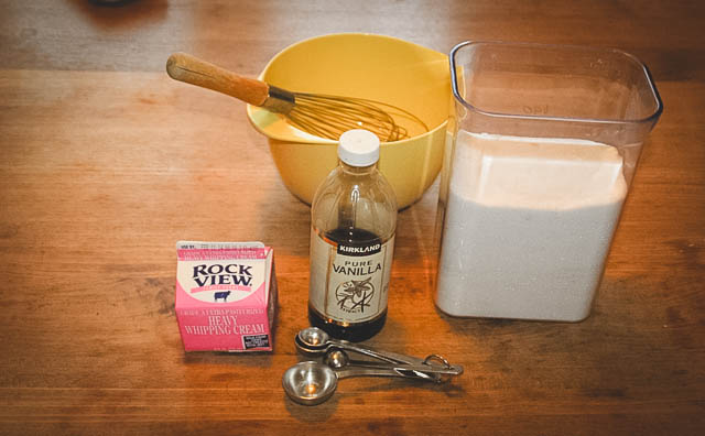 What you will need:  1 cup of heavy whipping Cream, 1 teaspoon of vanilla, a whisk, a bowl, and 1 tablespoon of Sugar.