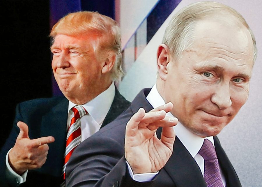 Presidents Trump and Putin, both of superpower countries, addressing the public.