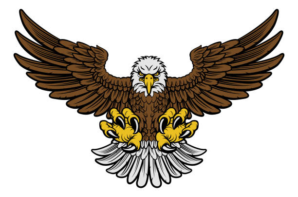 Cartoon bald American eagle mascot swooping with claws out and wings outstretched. Four color version with only brown, lightgrey, yellow and black